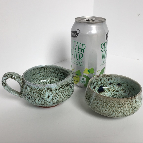 Sugar and creamer hand made speckled drip glaze green brown EUC unique vintage - Picture 16 of 16
